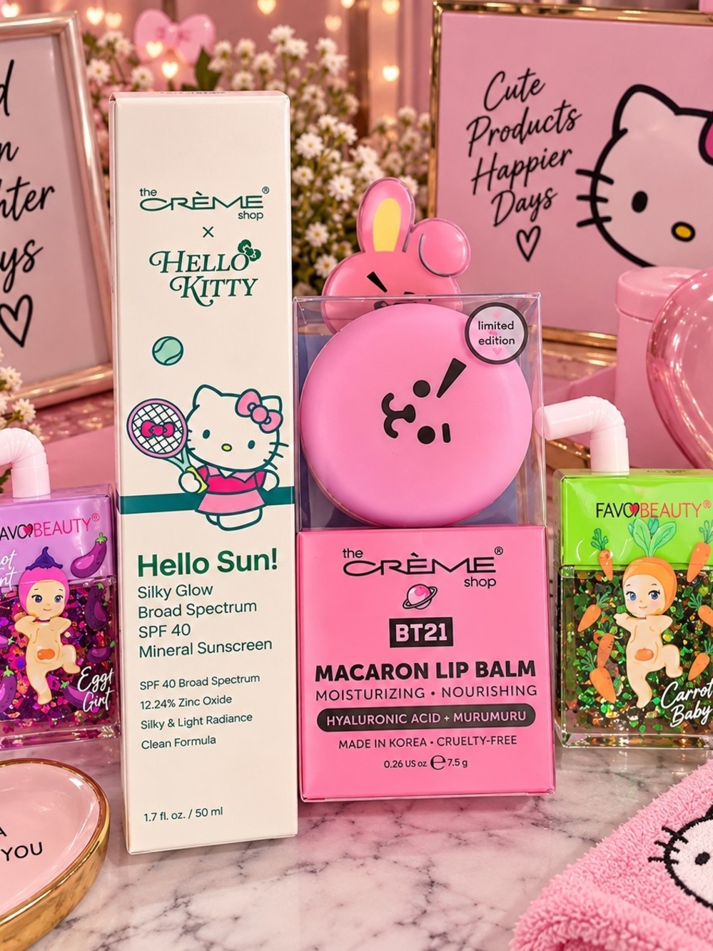 BT21 Pink Macaron Lip Balm - 2 Lip Gloss And Creme Shop X Hello Kitty Sunscreen